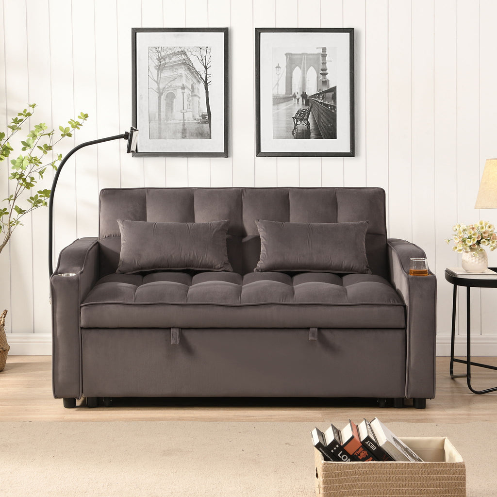 Modern Velvet Loveseat Futon Sofa With Pullout Bed, Adjustable Reclining Backrest, Toss Pillows
