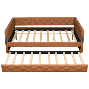 Upholstered Full Long Daybed With Trundle And LED Armrests - Brown