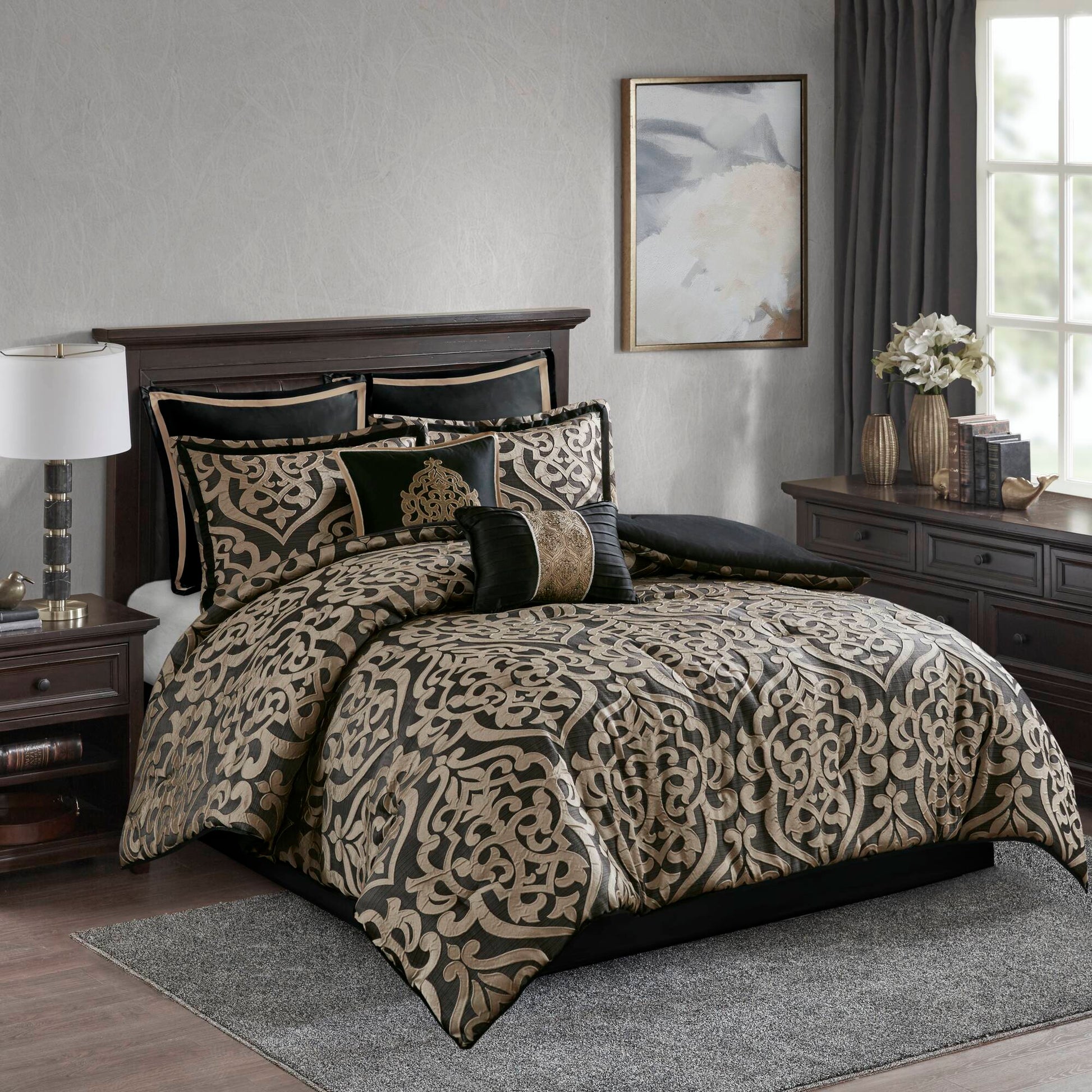 Odette - 8 Piece Queen Comforter Set - Black
