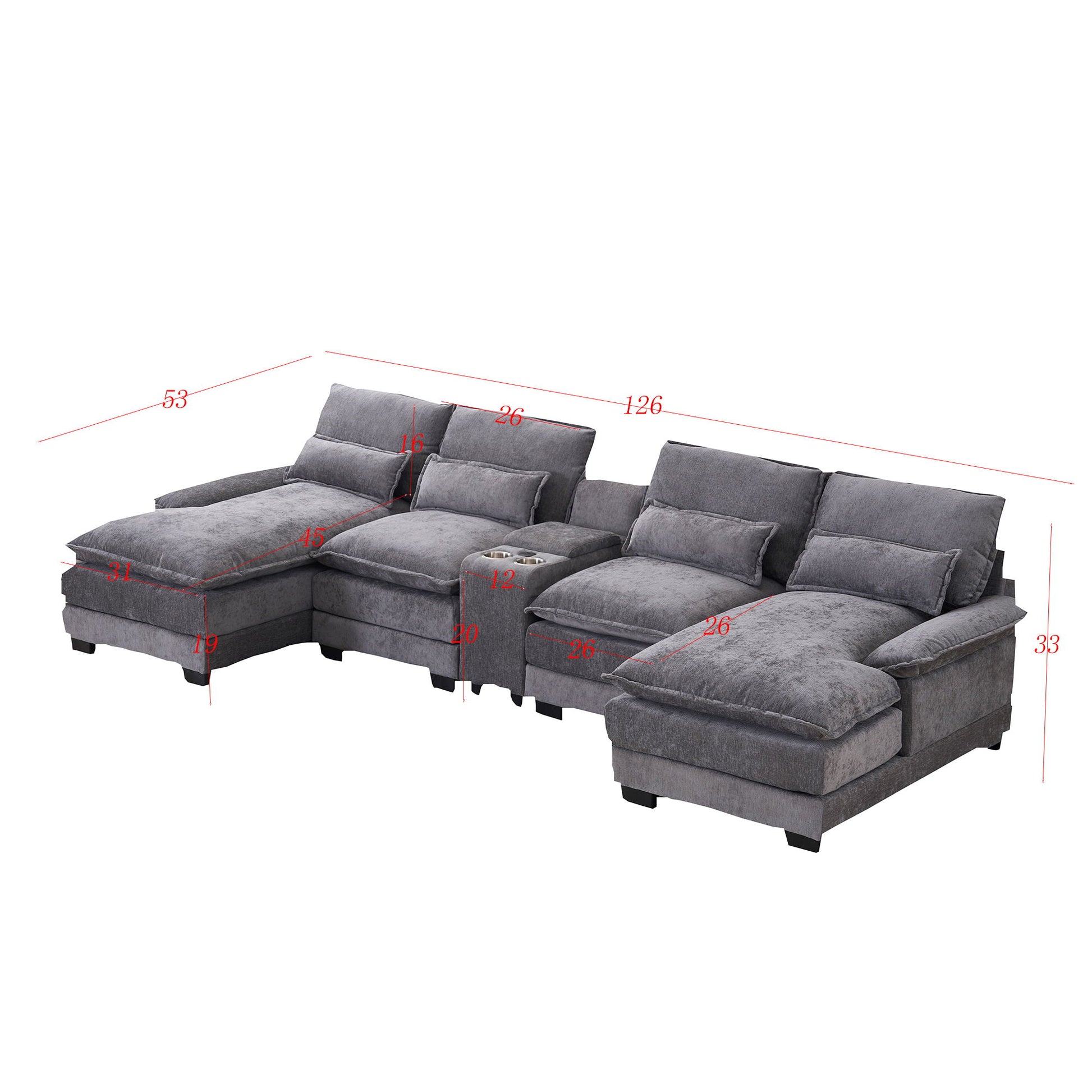 U Shaped Sofa With Console, Cupholders, USB Ports, 6 Seat, Bronzing Suede & Chenille