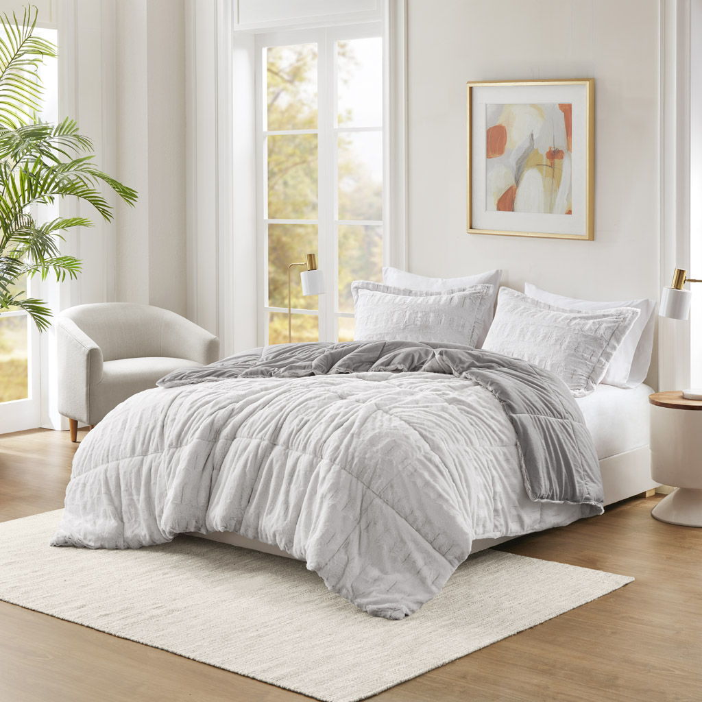 Gia - Twin Back Print Long Comforter Mini Set - Gray