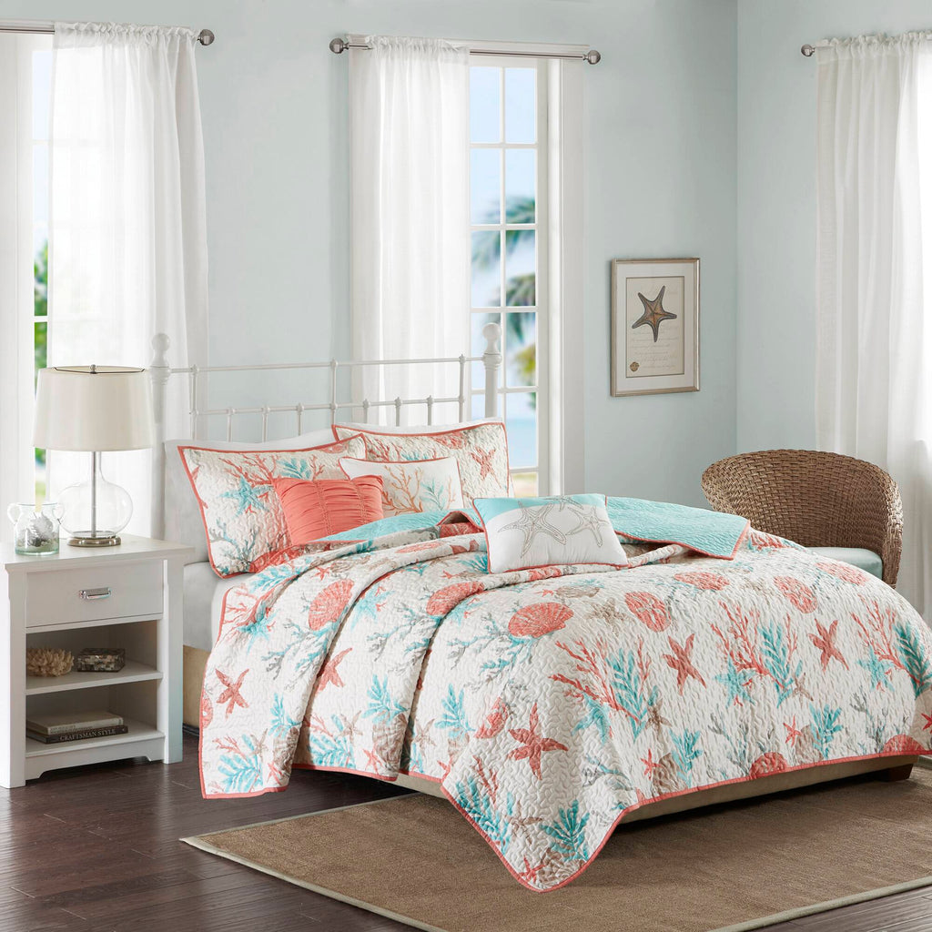 Pebble Beach - King 6 Piece Reversible Coverlet Set - Coral
