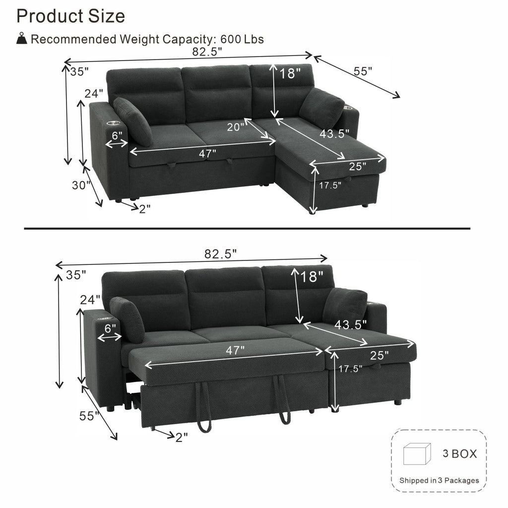 Convertible L - Shaped Sectional Sofa Bed With Storage Chaise, Cup Holders