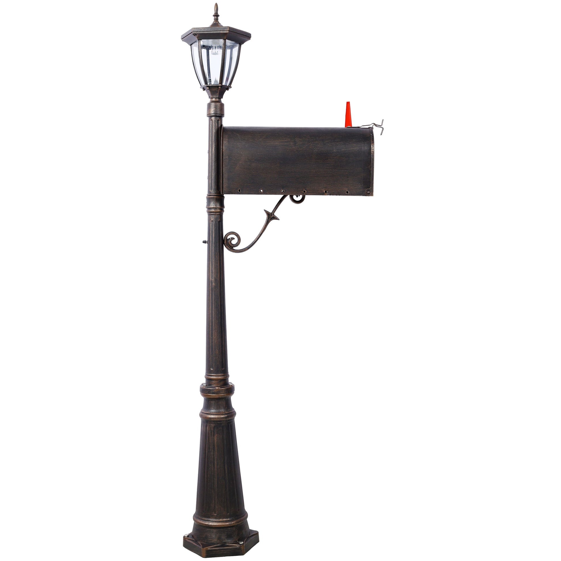 Stratford - Heavy Duty Cast Aluminum Mailbox With Post And Solar Light, Fluted Base, Decorative Modern Mailbox - Brown