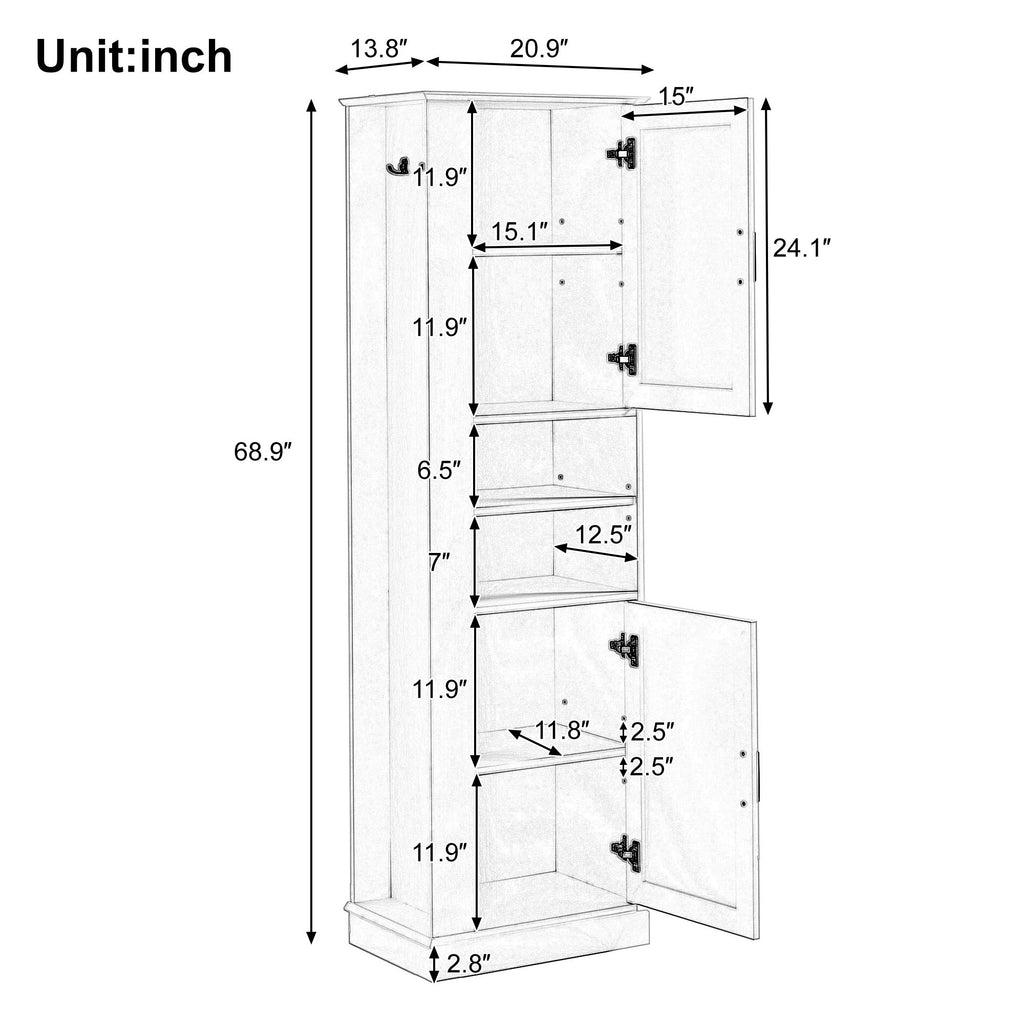 Tall Freestanding Bathroom Storage Cabinet With Adjustable Shelves And Side Hooks Board, Rectangle Design