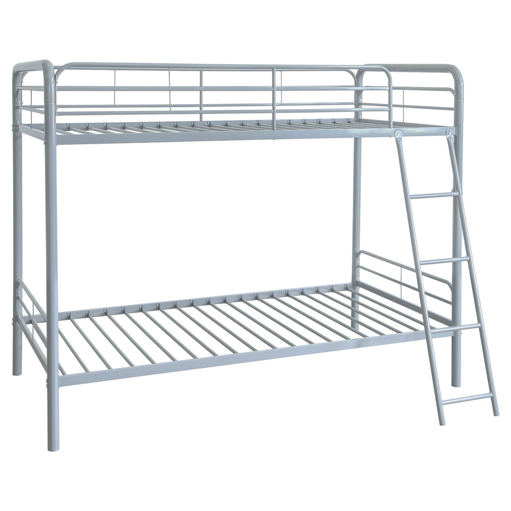Long Beach - Twin Over Twin Bunk Bed With Built In Guardrails And Angled Ladder - Silver