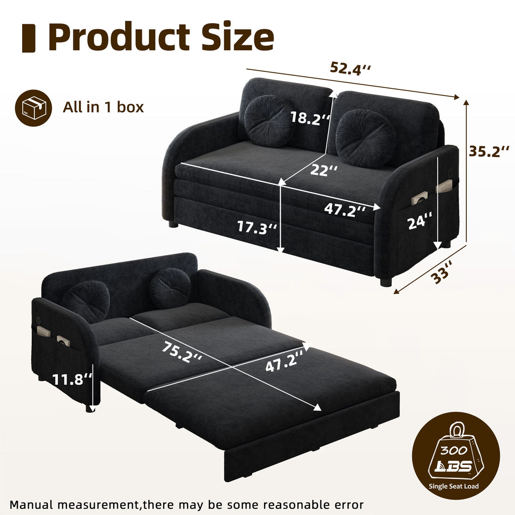 Upholstered Pull Out Couch With Side Pocket & USB Port