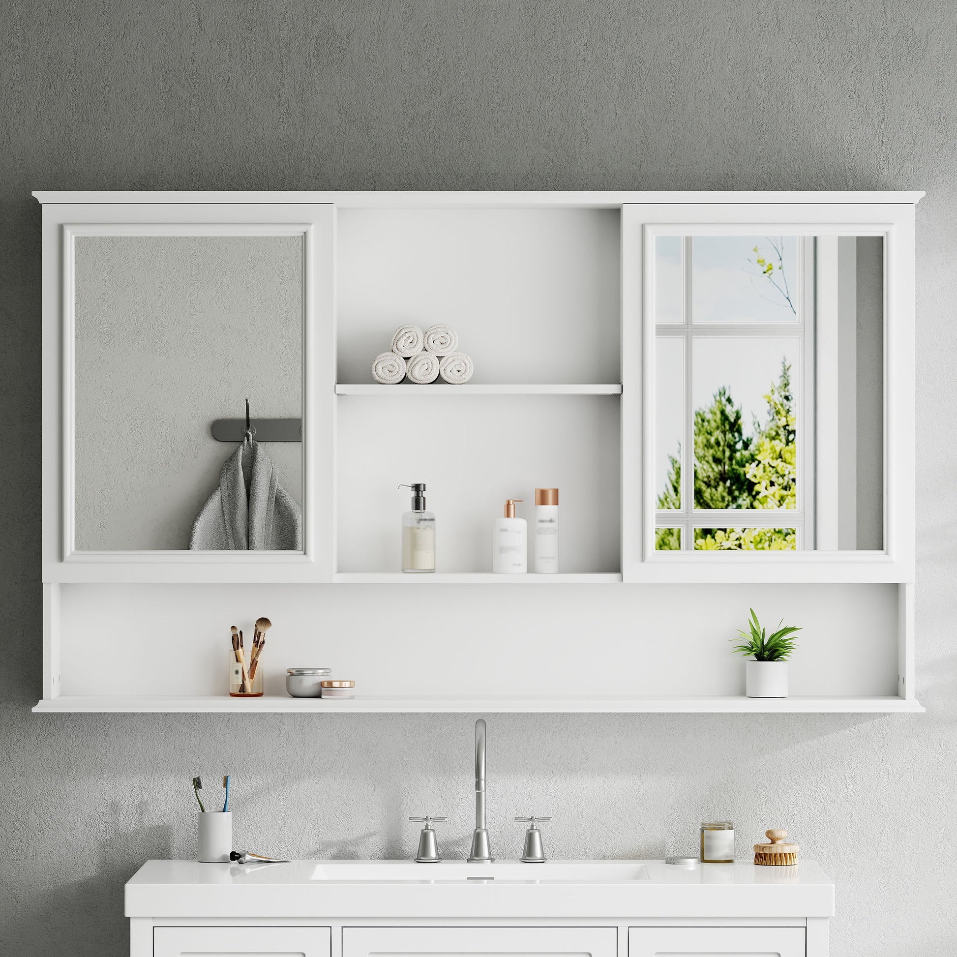 Wall Mounted Bathroom Medicine Cabinet With Double Mirrored Doors