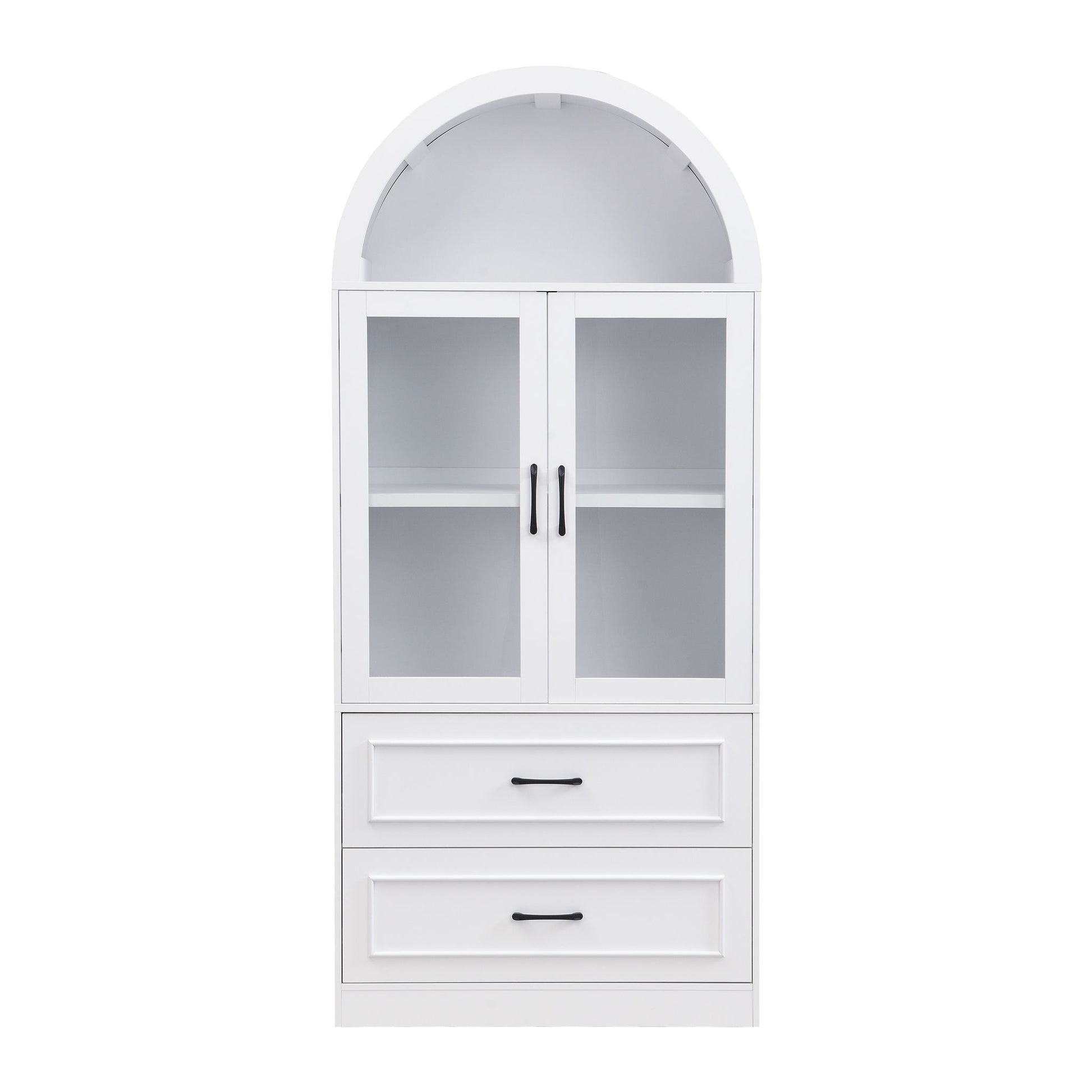 Arched Top Storage Cabinet With Fixed 2 Tier Shelves, 2 Large Drawers