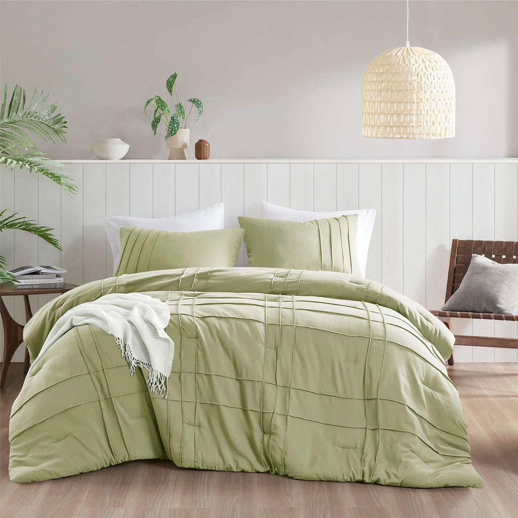 Porter - Full Soft Washed Pleated Comforter Set - Sage
