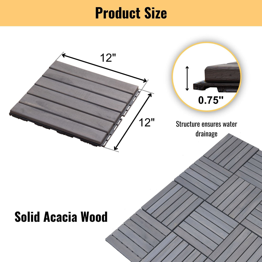 Interlocking Deck Tiles Striped Pattern, Square Acacia Hardwood Outdoor Flooring For Patio, Bancony, Pool Side