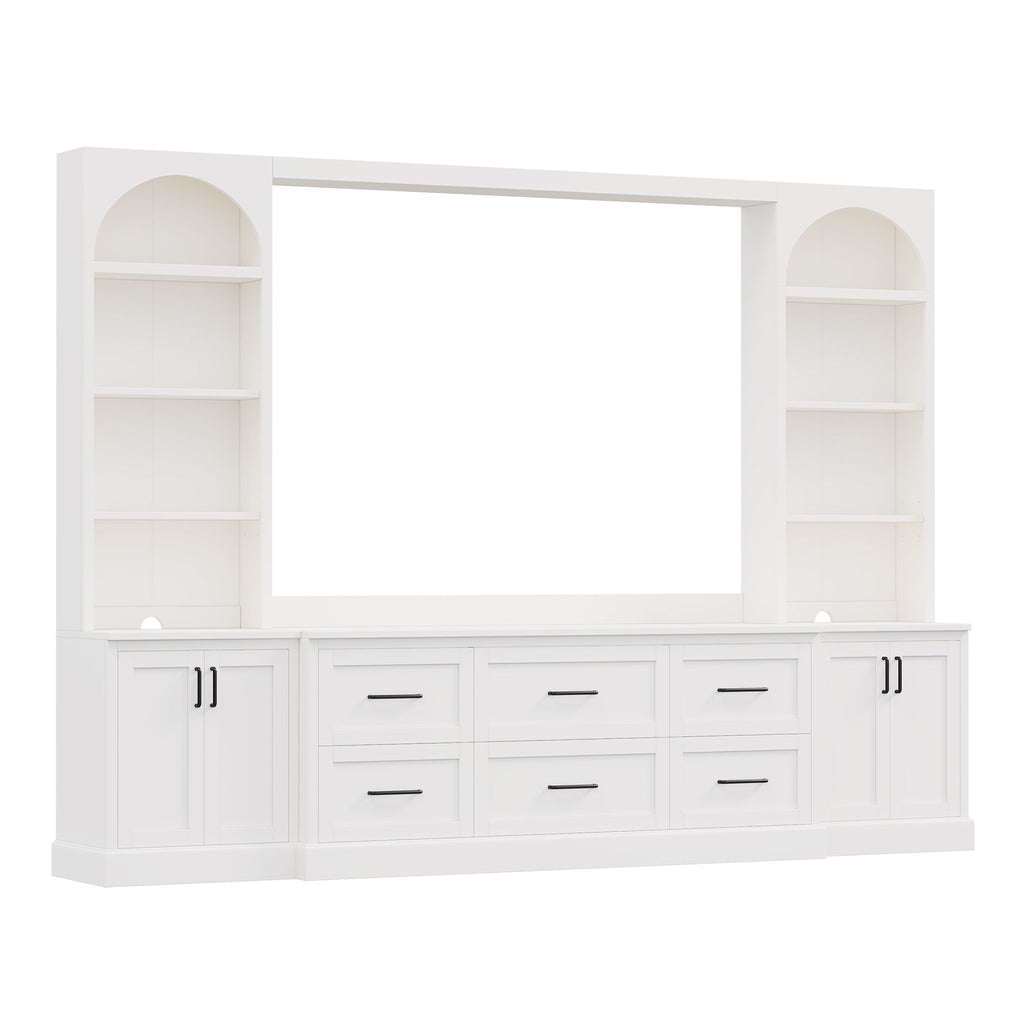 Arched Entertainment Center Wall Unit With 6 Drawers, Large TV Stand With Bookshelves