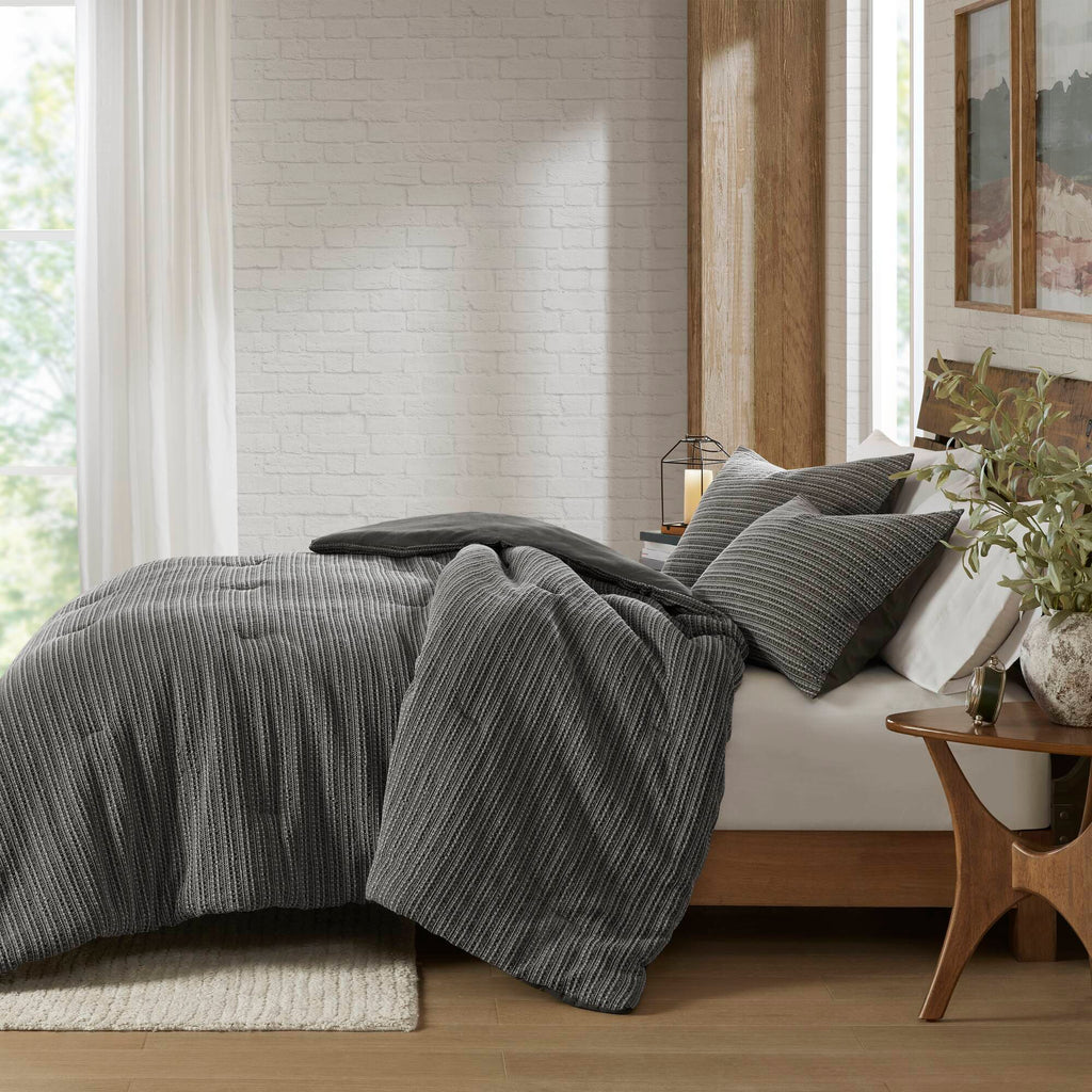 Lyon - 3 Piece King/California King Waffle Washed Comforter Set - Charcoal