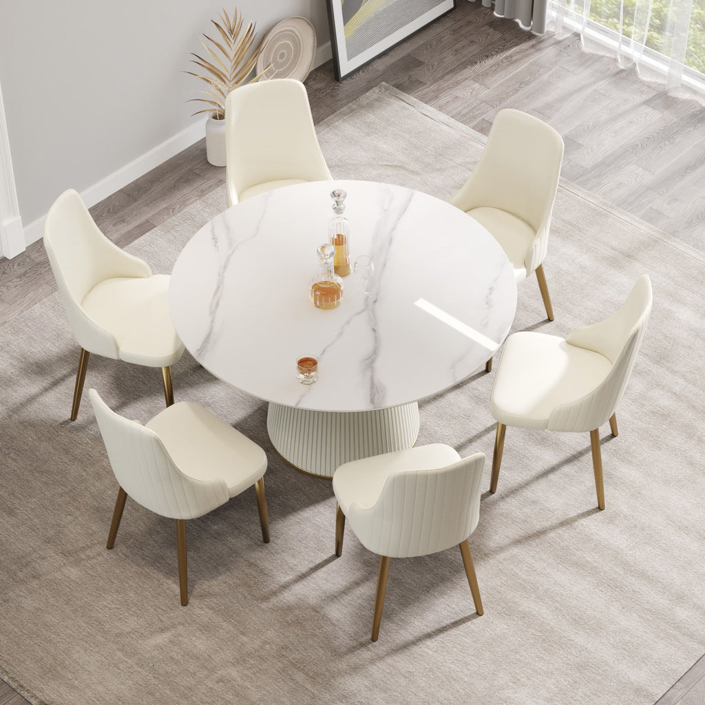 Modern Artificial Stone Round Plywood Base Dining Table, Can Accommodate 6 People, (Not Including Chairs) - White / Beige