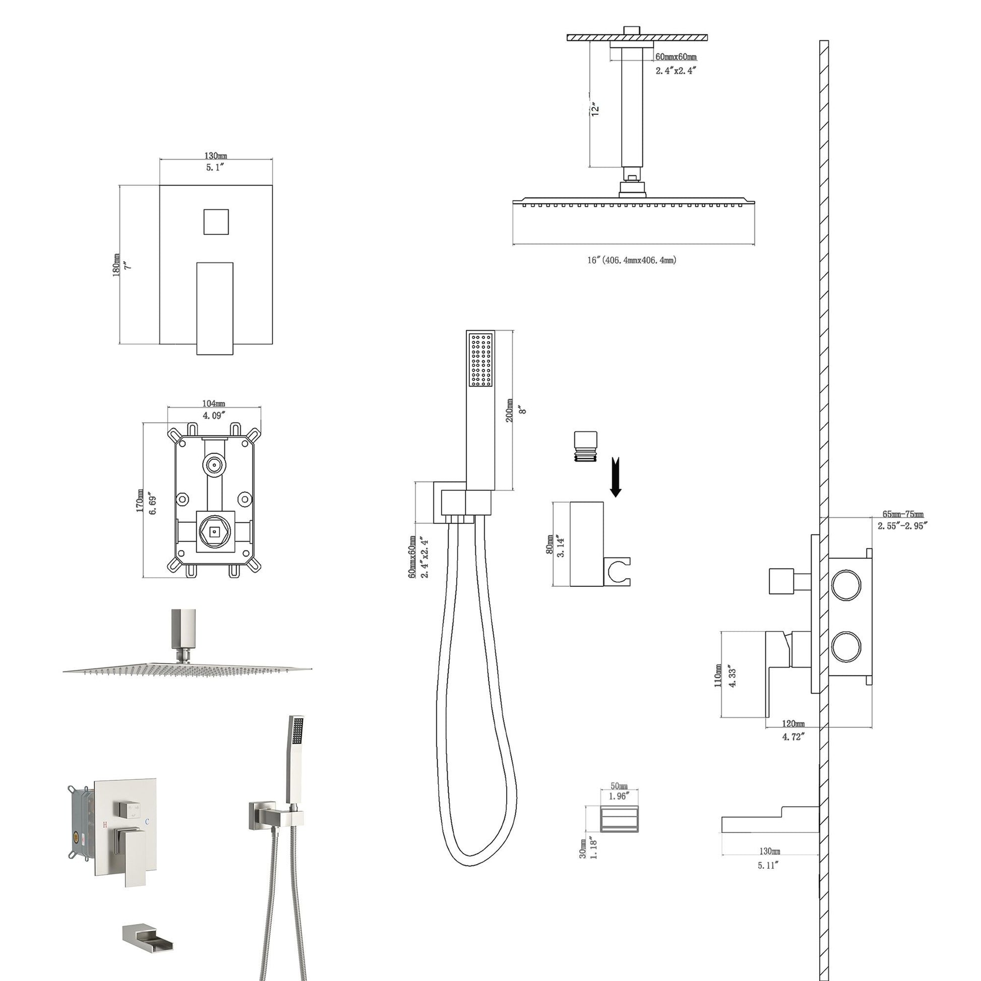 16" Ceiling Mount Square Shower System With Waterfall Tub Spout And Rough In Valve