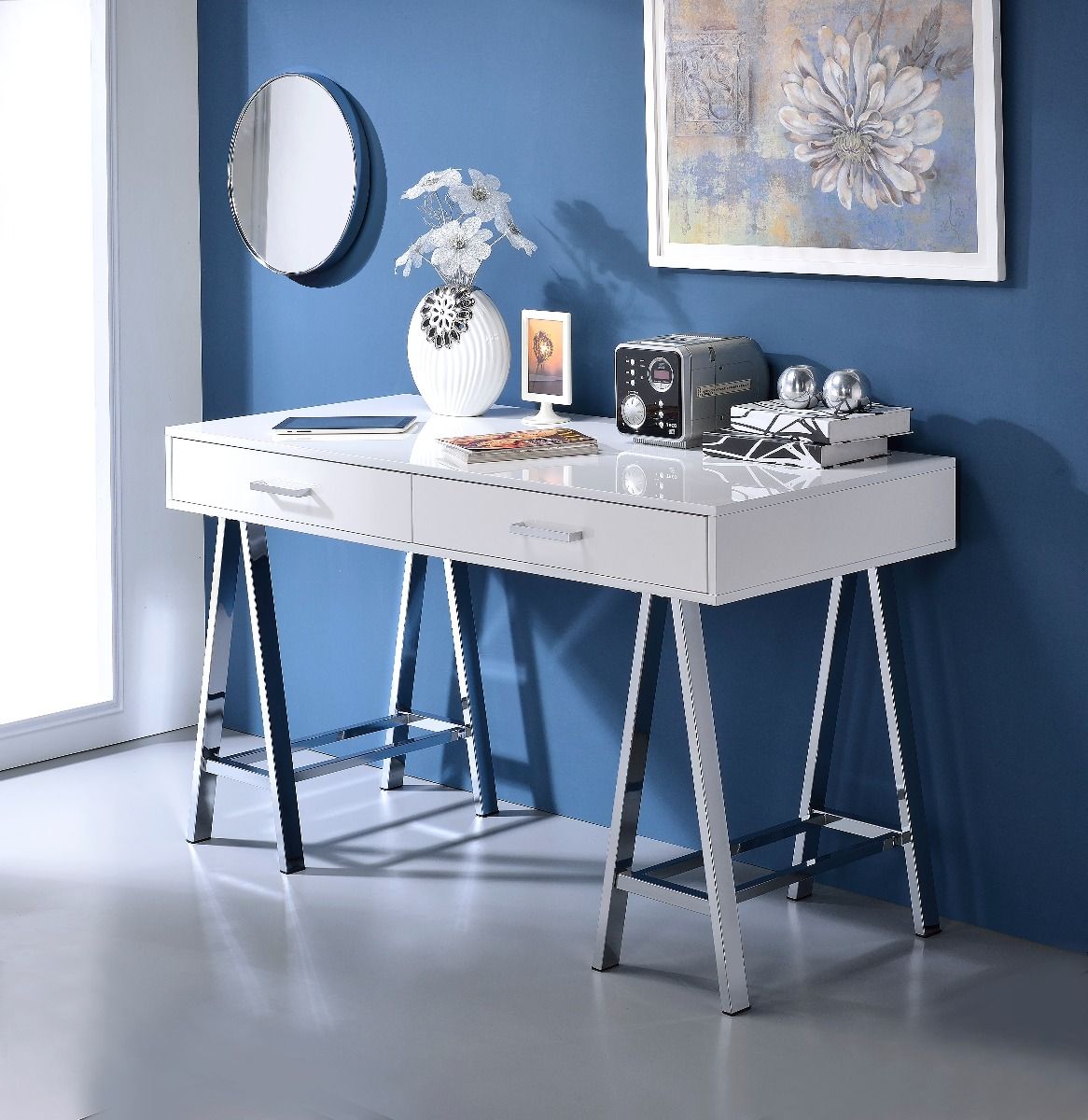 Coleen - Desk - White High Gloss & Chrome Finish