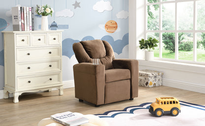 Kids Recliner Chair, Kids Upholstered Couch With One Cup Holder, Toddlers Recliner With Headrest And Footrest - Brown