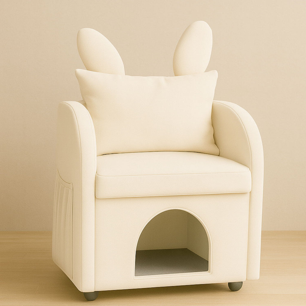 Bunny Ear Pet Friendly Armchair With Hidden Pet House With Storage Pocket For Bedroom & Living Room - Beige
