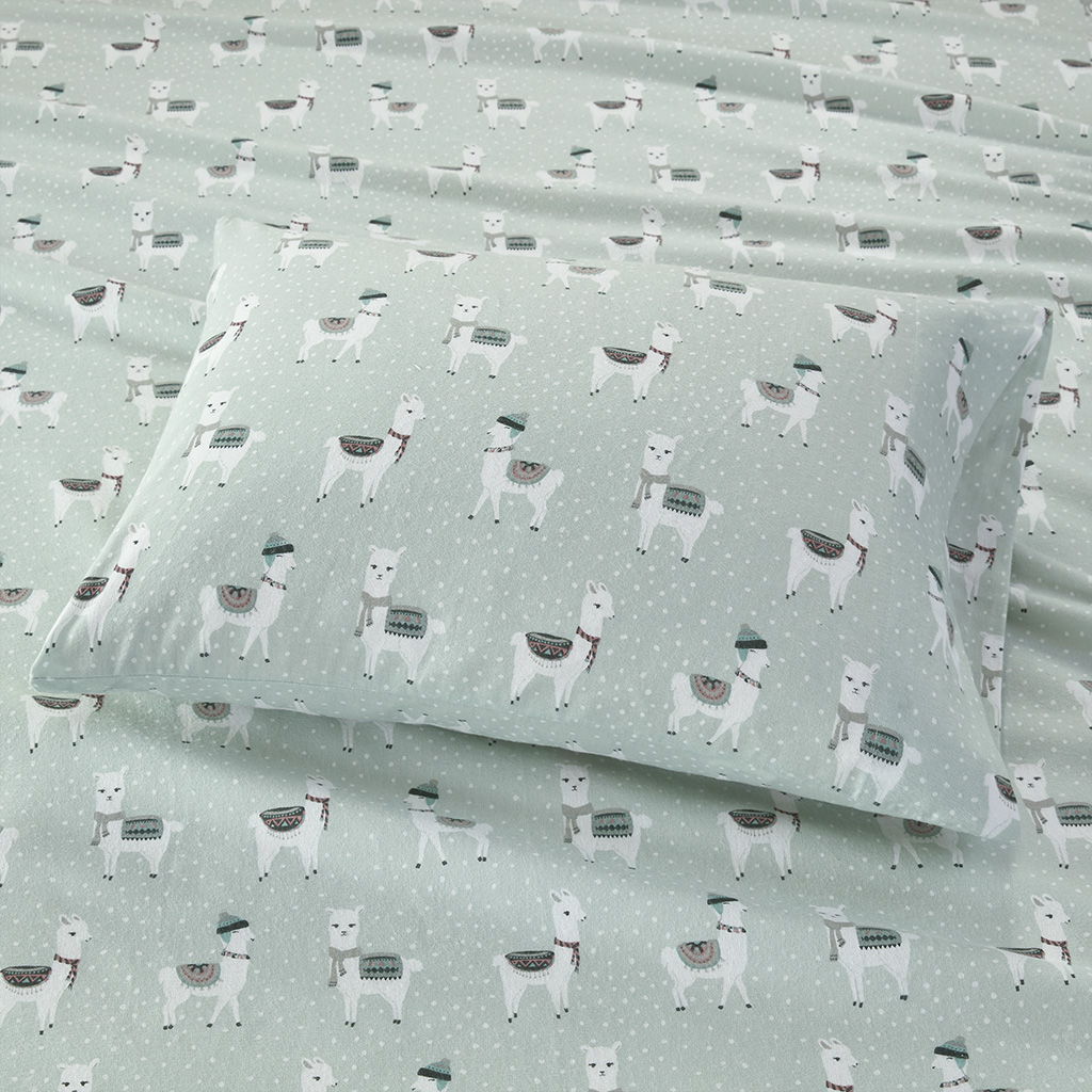 Cozy Flannel - Printed Sheet Set - Seafoam Llama