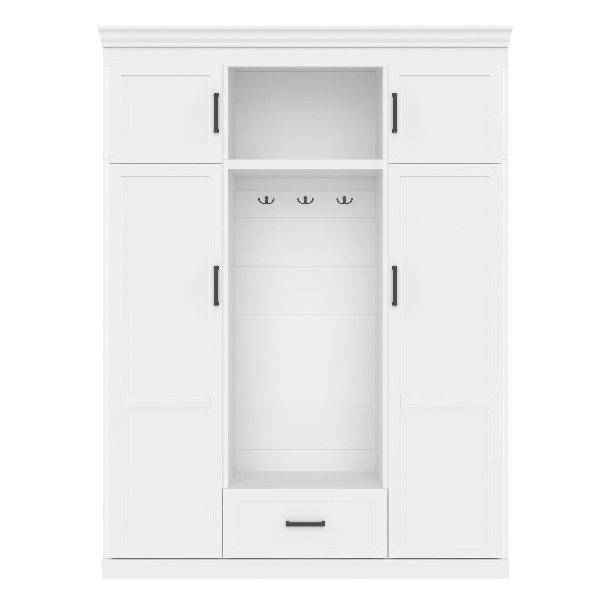 Hall Tree With Bench And 3 Hooks, Modern Entryway Storage Organizer Cabinet With 4 Doors, 1 Drawer And Adjustable Shelves