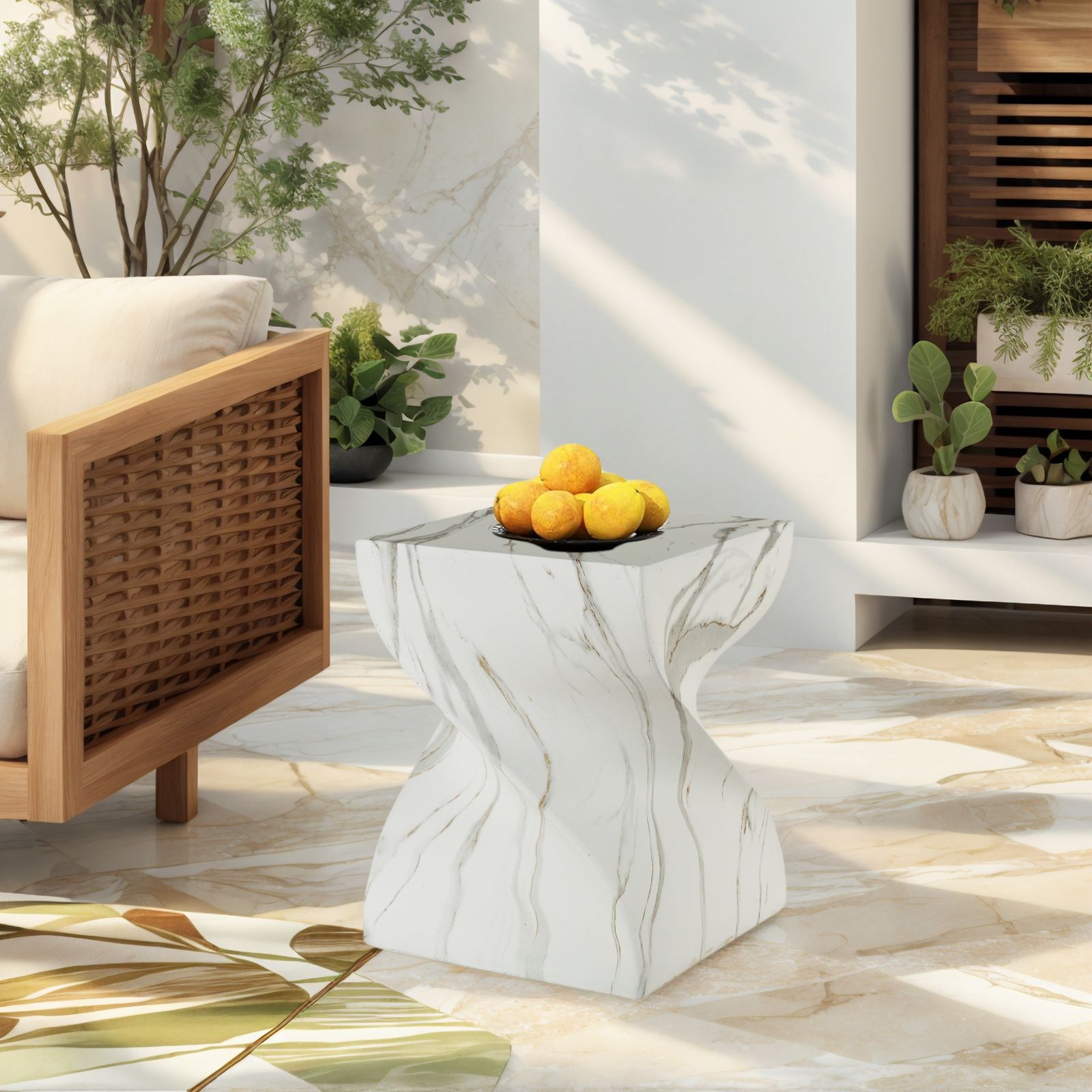 Outdoor End Table, Round Side Table For Patio And Garden - Marble