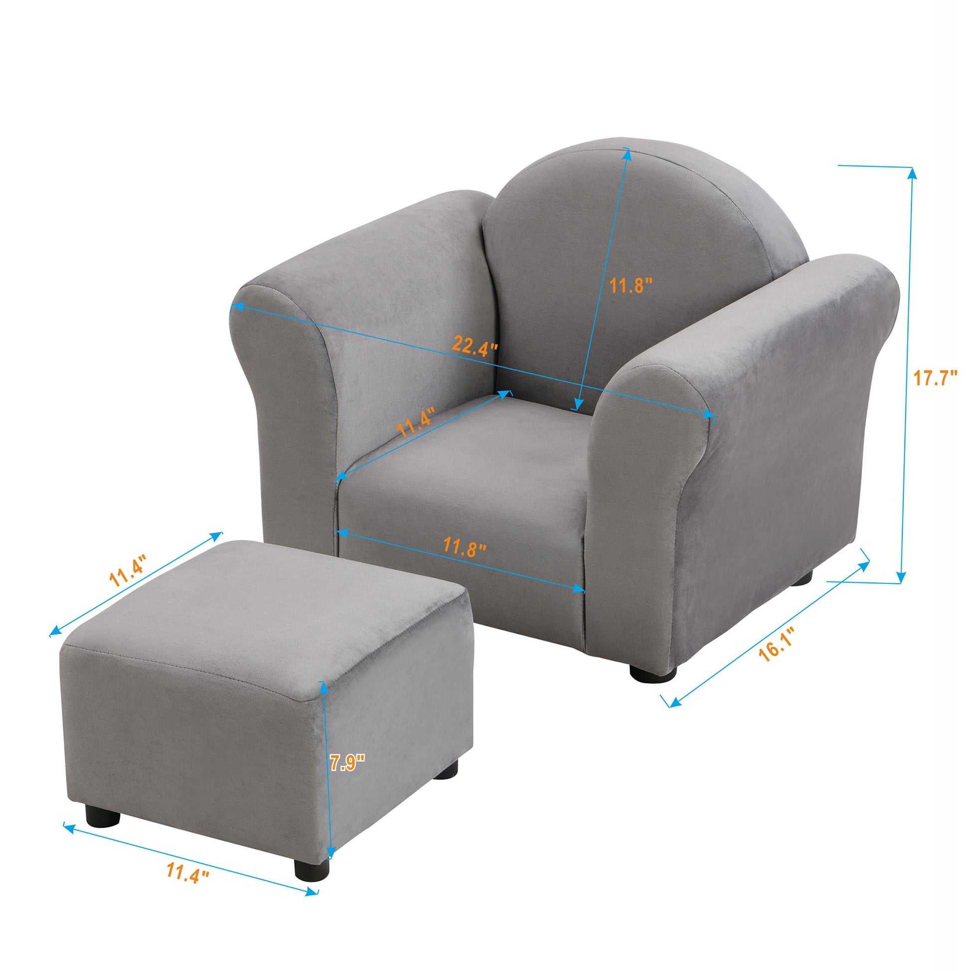 Kids Velvet Upholstered Chair With Ottoman For Comfortable Seating - Gray