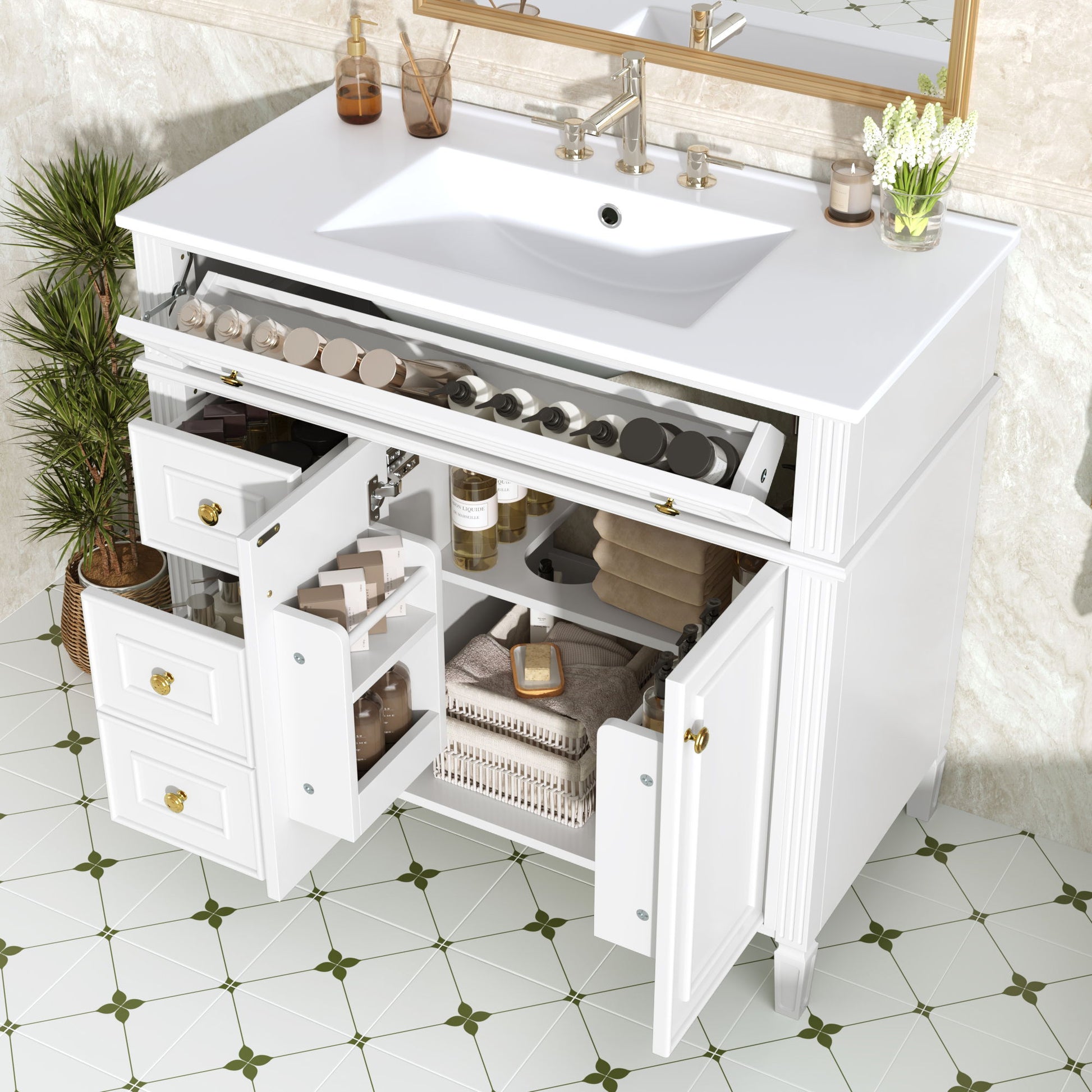 Bathroom Vanity With Sink, 3 Drawers & 2 Soft-Close Doors