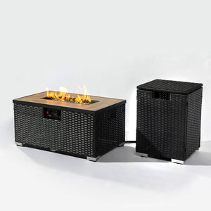 32" Propane Gas Fire Pit Table With Propane Tank Cover, 50000 Btu Rectangular Steel Fire Pit With Beautiful Wicker Base