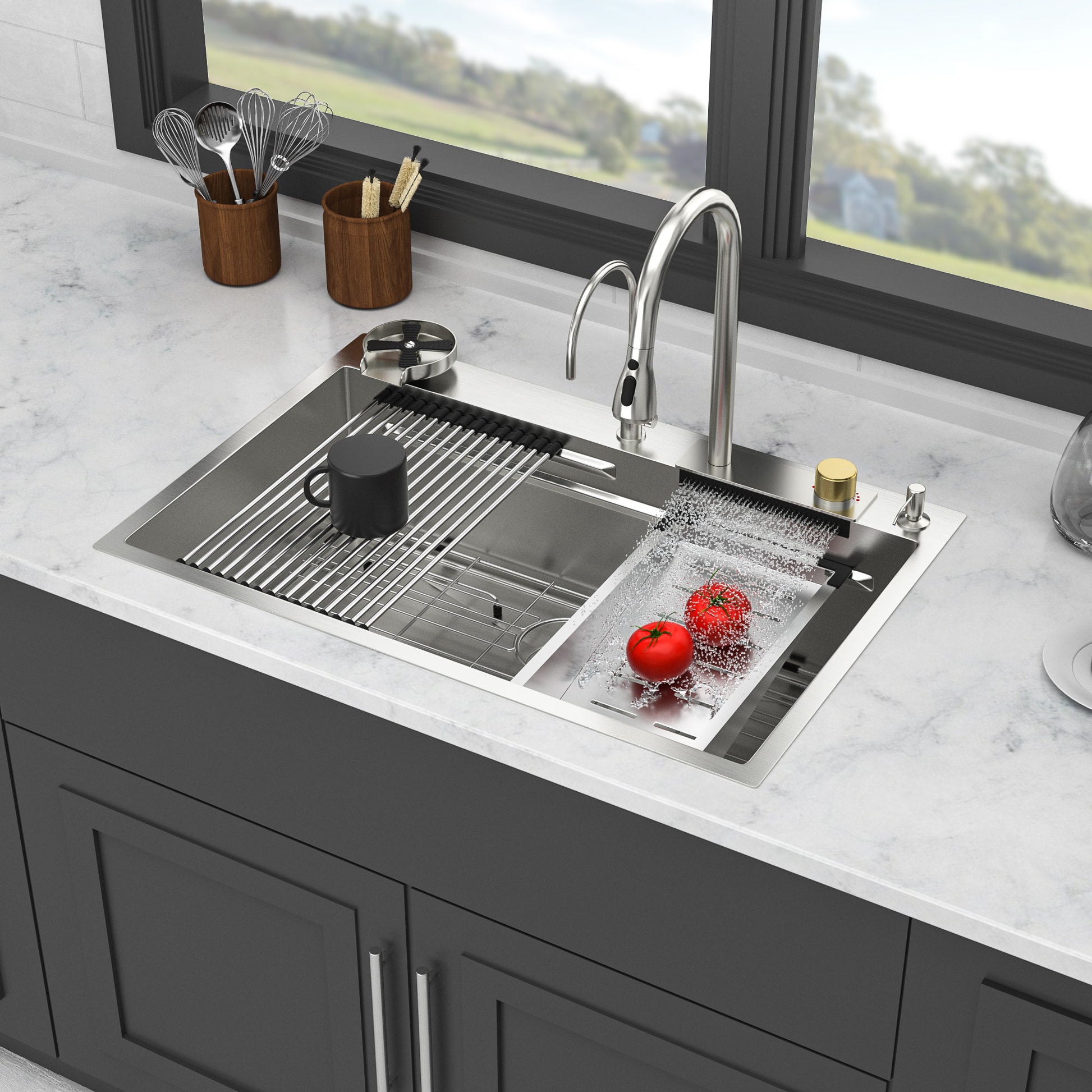 Waterfall Kitchen Sink With Pull Out Faucet & Cup Washer