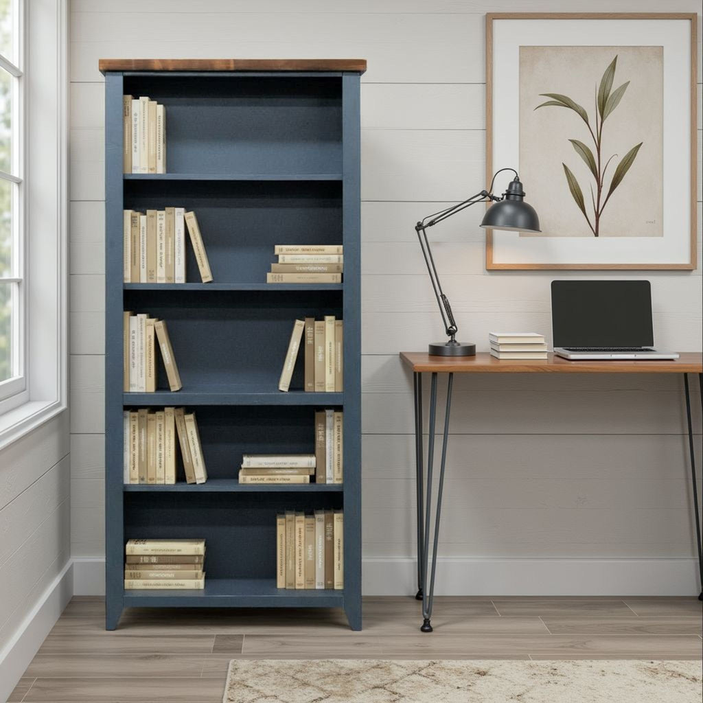 Nantucket - 5 Shelf Bookcase - Blue Denim / Whiskey
