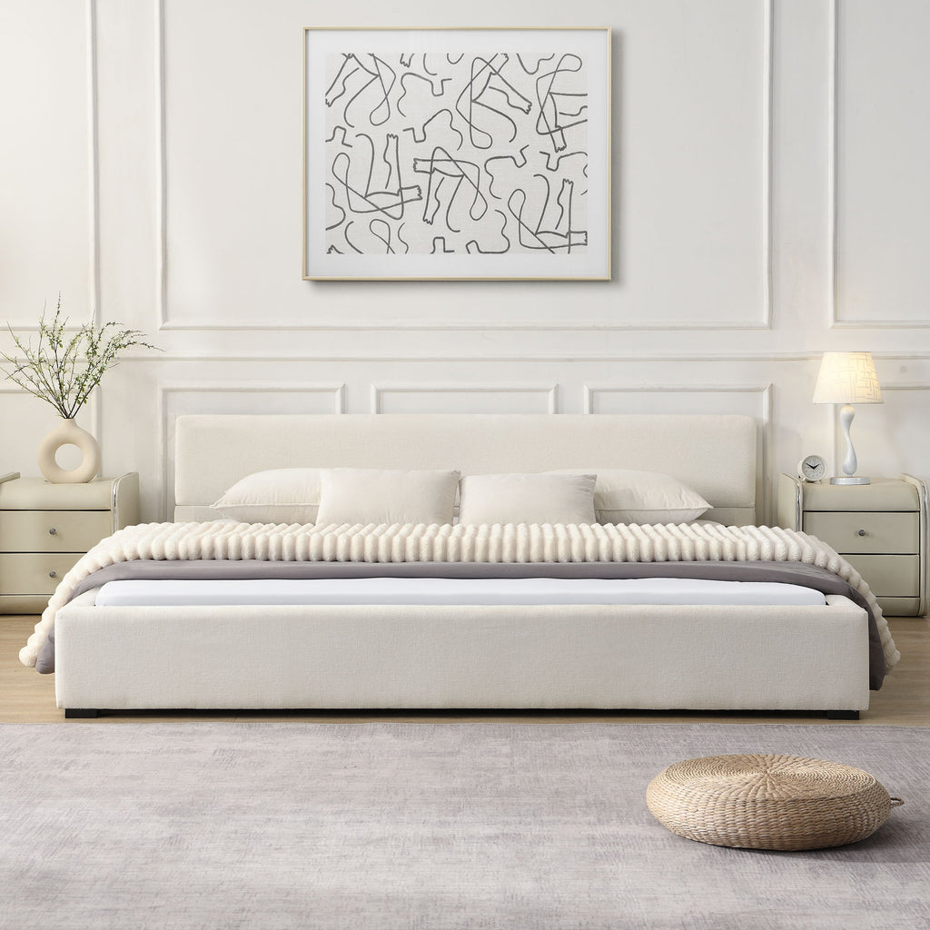 Elegant Wide Bed With Soft Fabric Upholstery