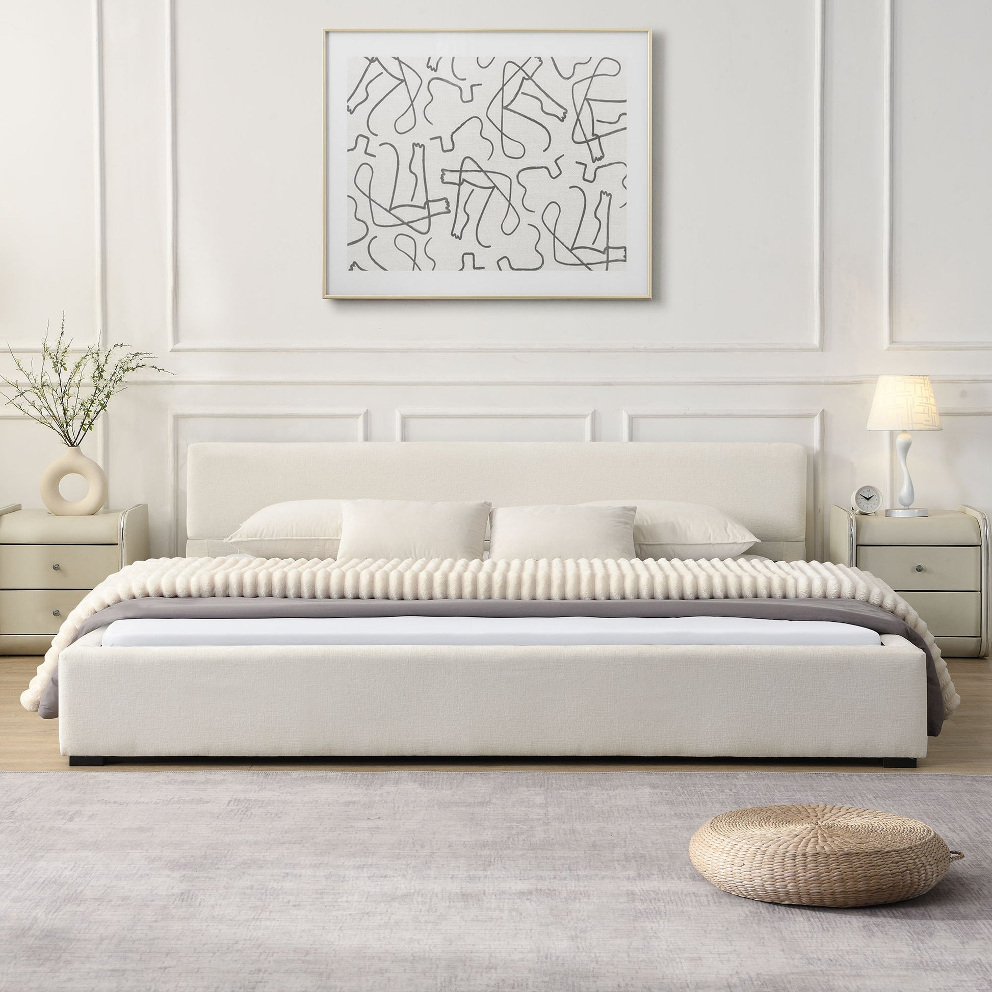 Elegant Wide Bed With Soft Fabric Upholstery