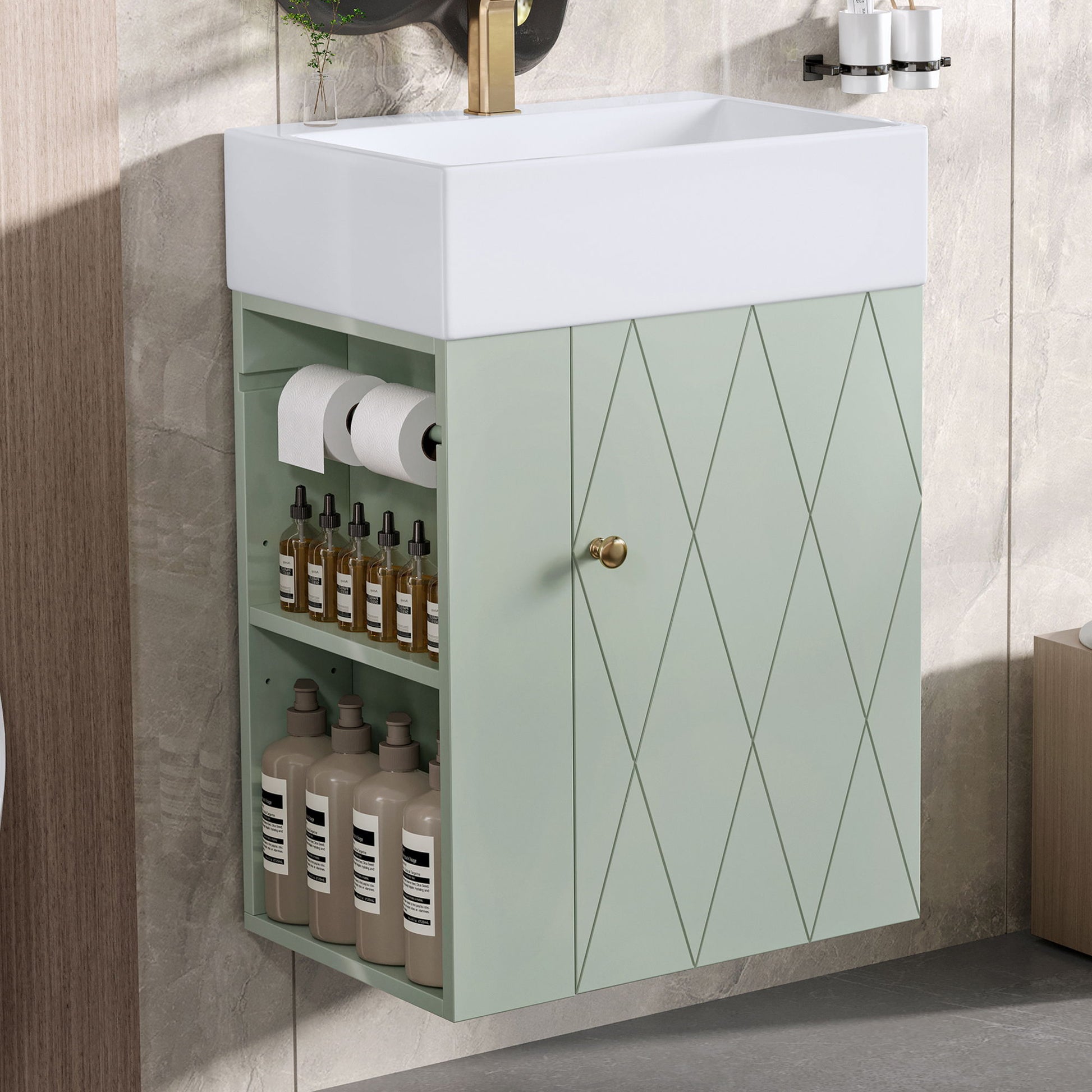 Modern Bathroom Vanity With Sink, Diamond Pattern Doors