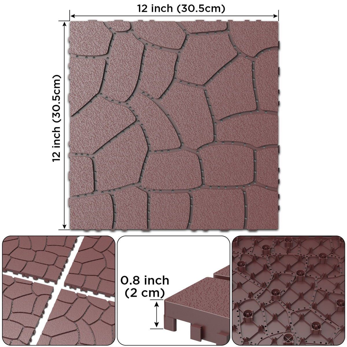 Stone Texture Diy Interlocking Patio Deck Tiles, 44 Pieces - Brown