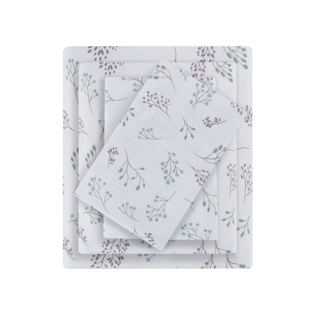 Oversized Cotton Flannel - 4 Piece Full Sheet Set - White Tossed Botanical