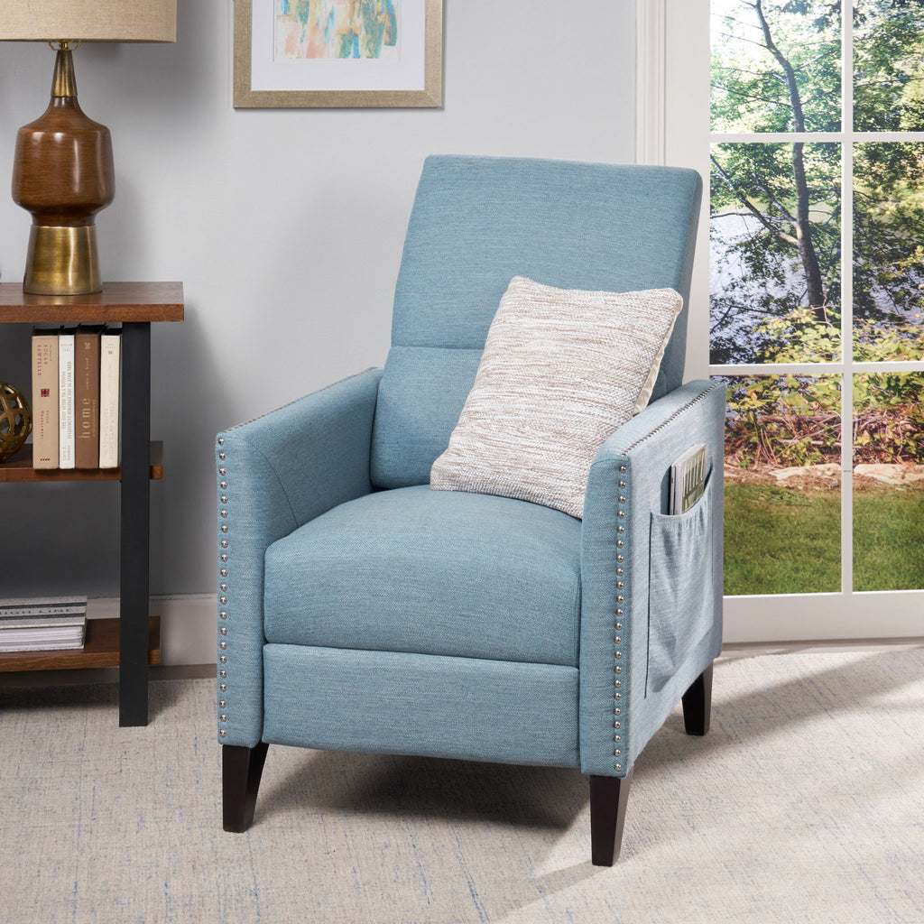 Repose Upholstered Recliner Chair With Nailhead Trim And Side Pocket - Light Blue