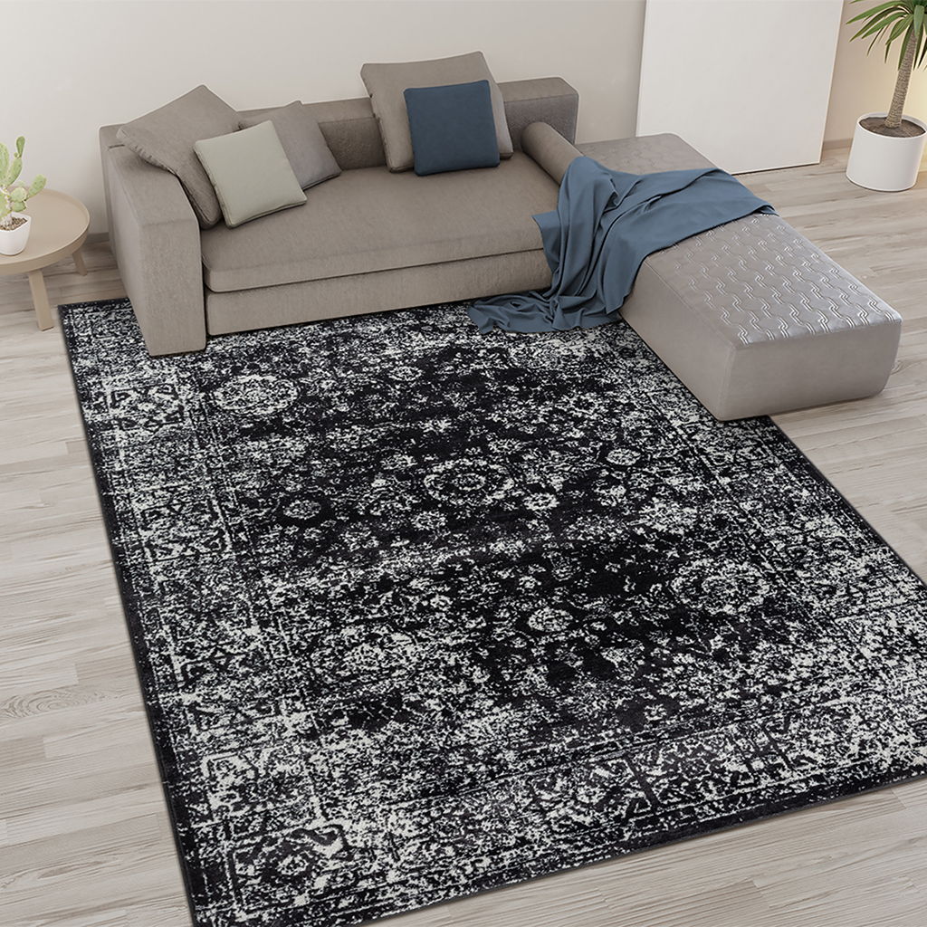 Chadwick - 8' x 10' Distressed Vintage Persian Woven Area Rug - Black / Cream