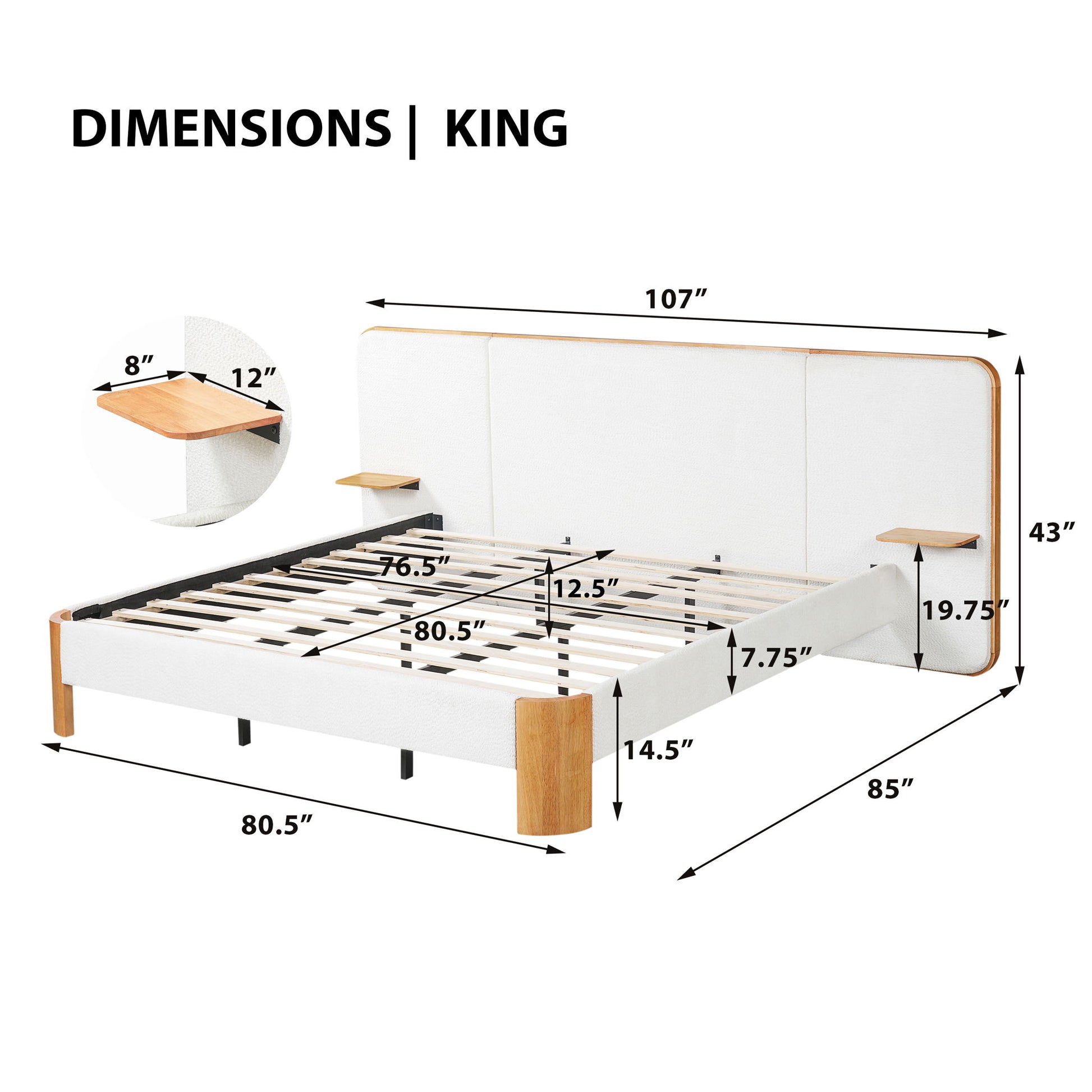Upholstered Platform Bed Frame With Curved Headboard, Built-In Floating Shelves