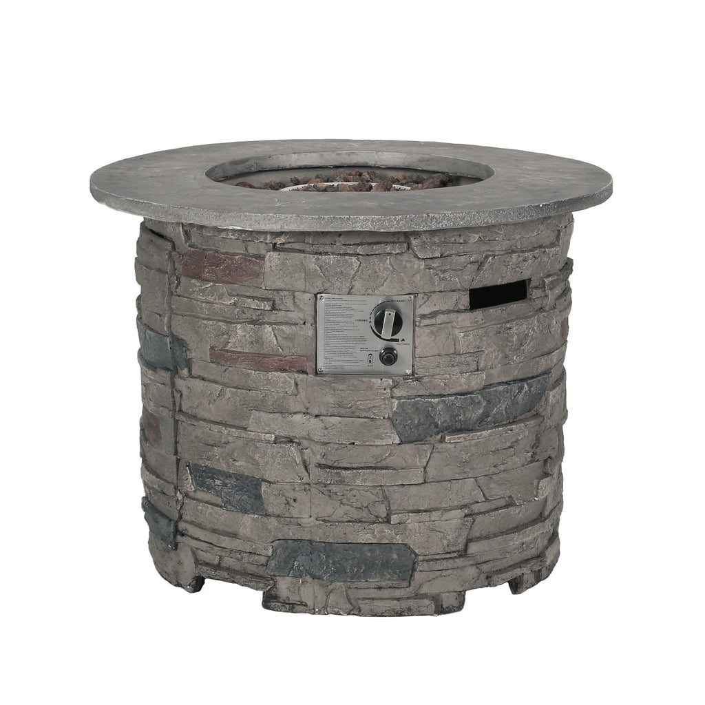 Transitional Outdoor 32" Round Propane Fire Pit Table, Lightweight Concrete Construction - Stone Gray