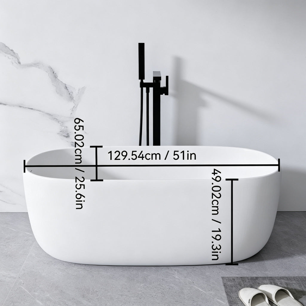 Freestanding Bathtub Resin Stone Soaking Bathtub Solid Surface Modern Tubs With Overflow And Pop-Up Drain - Matte White