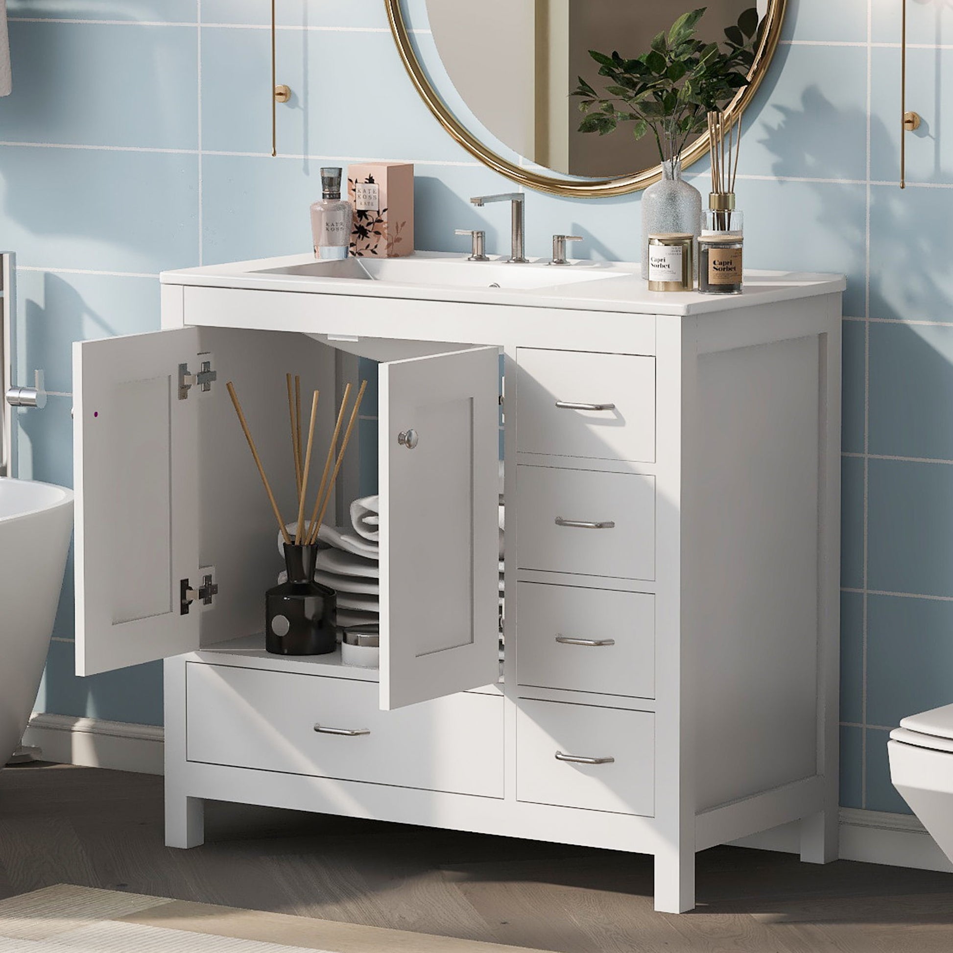Bathroom Vanity With Ceramic Sink Combo, Abundant Storage Cabinet 2 Soft Close Doors And 5 Drawers