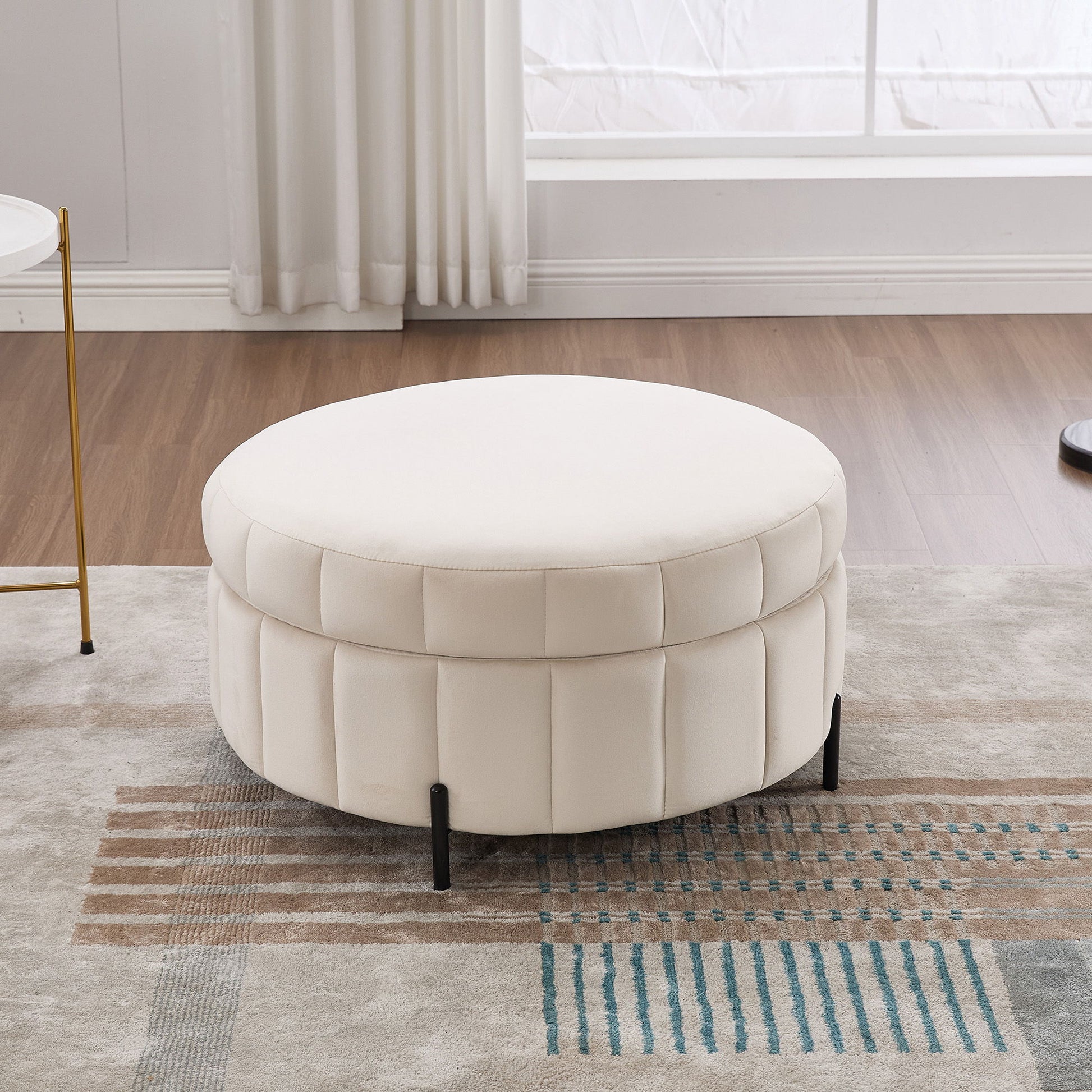 Upholstered Round Ottoman With Reversible Lid, Channel Tufted Pumpkin Shape