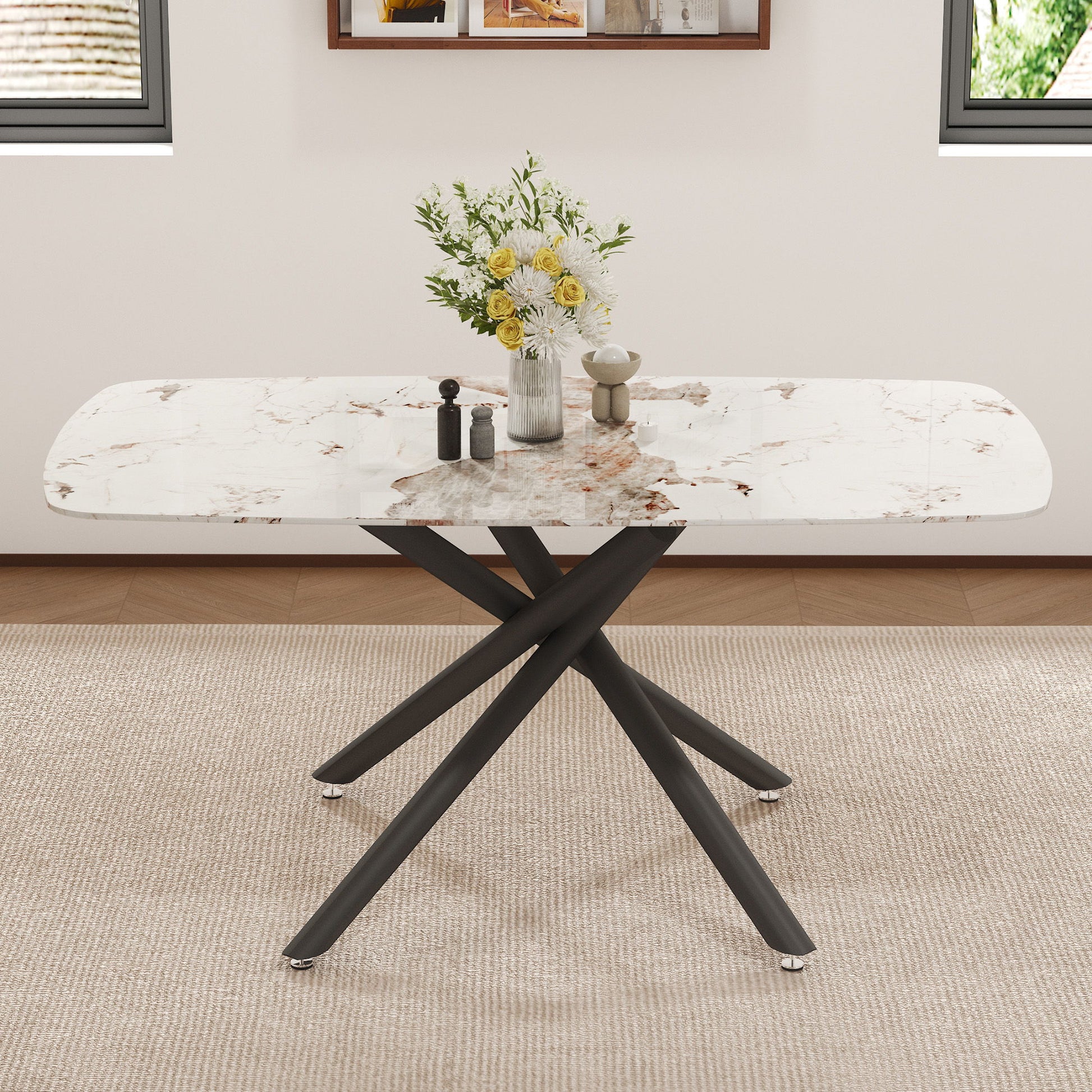 Luxurious Marble Patterned Dining Table With Metal Fork Legs