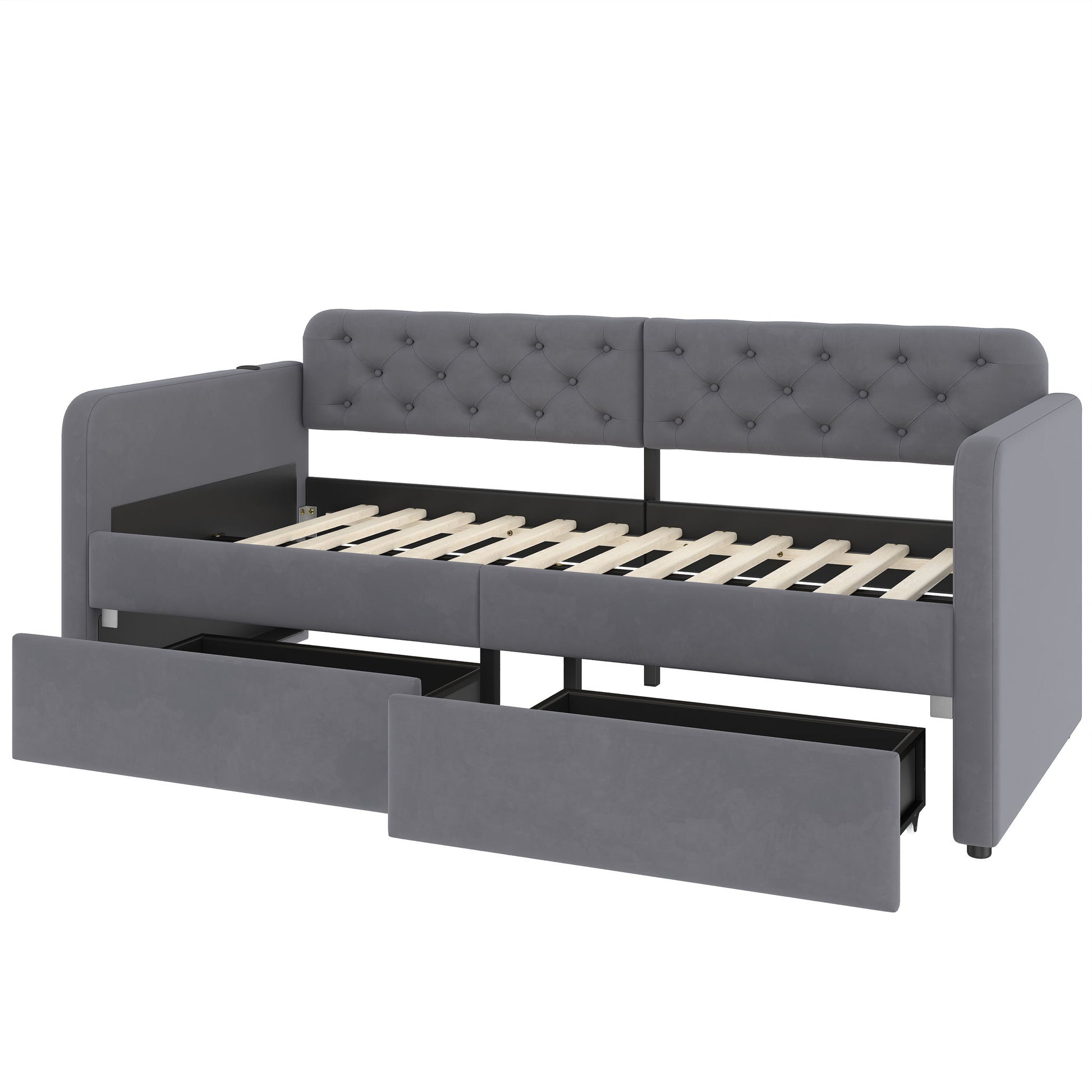 Twin Size Upholstered Daybed With 2 Storage Drawers And USB Charging Design - Gray