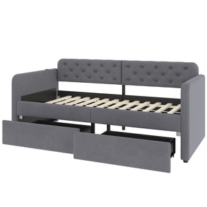 Twin Size Upholstered Daybed With 2 Storage Drawers And USB Charging Design - Gray