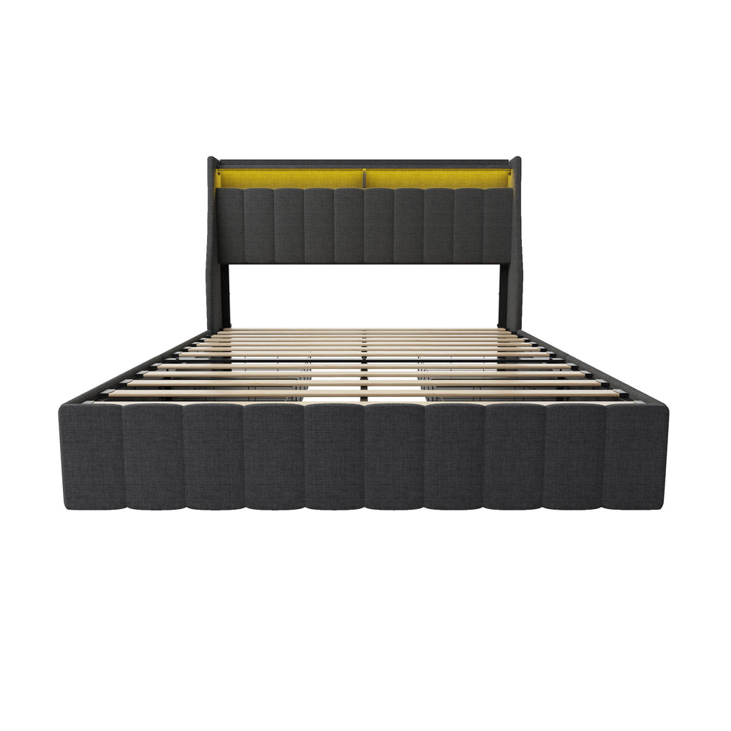Bed With LED Lights, 4 Drawers, Winged Headboard Upholstered