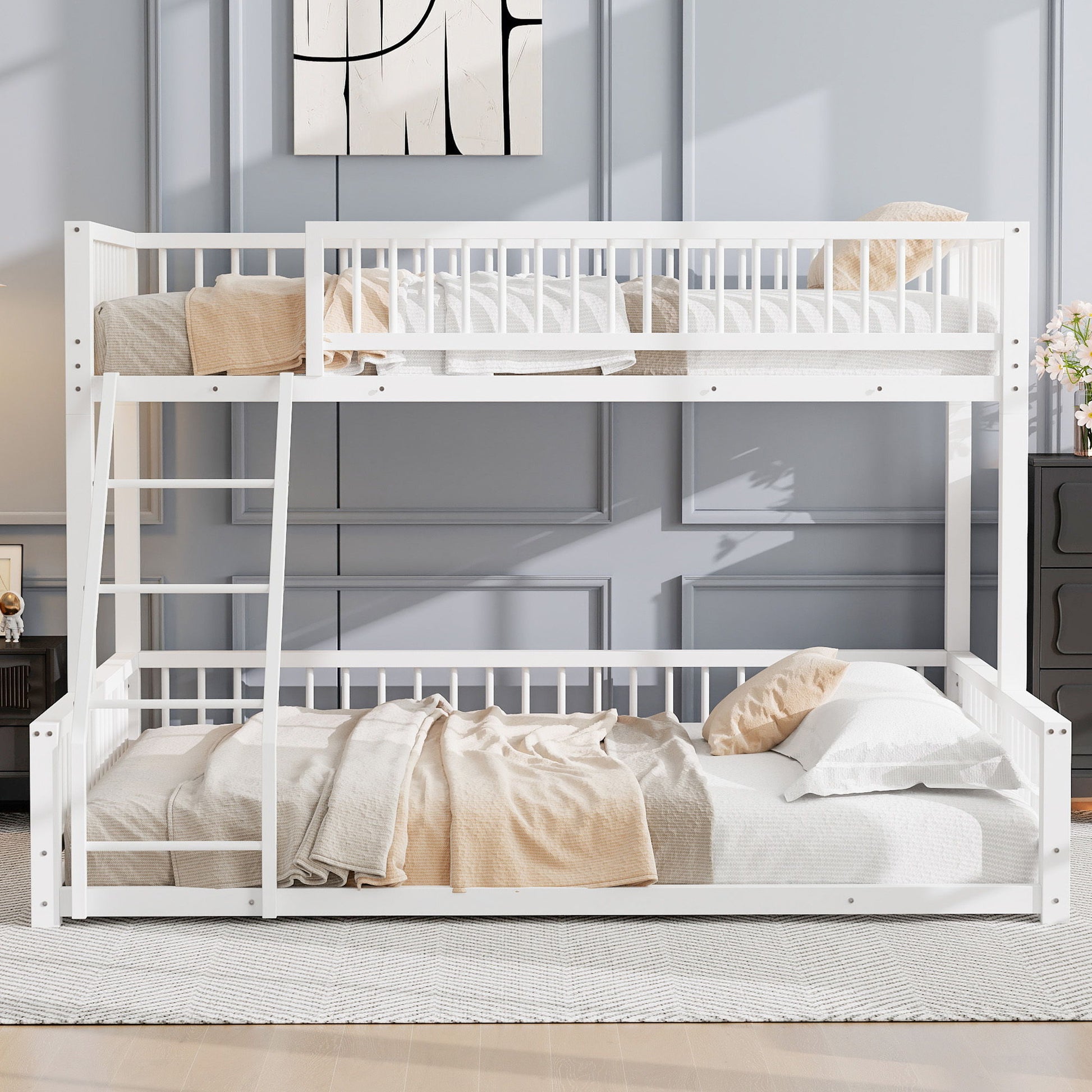 Bunk Bed Frame With Ladder And Safety Guardrails