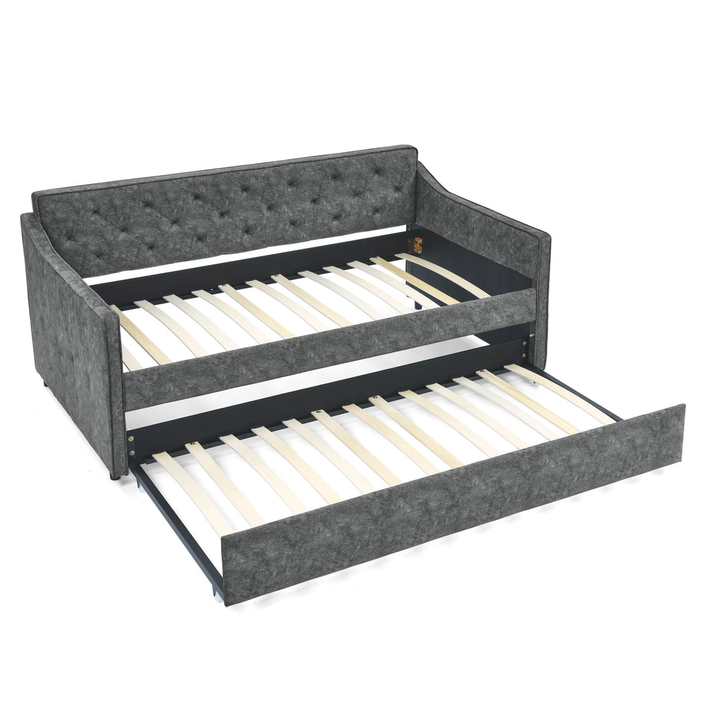 Twin Upholstered Daybed With Trundle, Waved Arms - Gray
