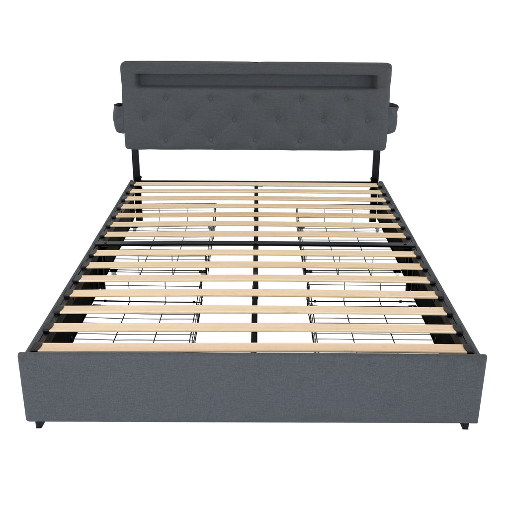Bed With USB Charging Station, LED Lights, Headboard & Storage Drawers