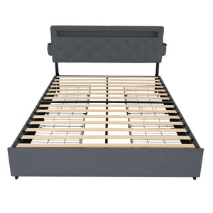 Bed With USB Charging Station, LED Lights, Headboard & Storage Drawers
